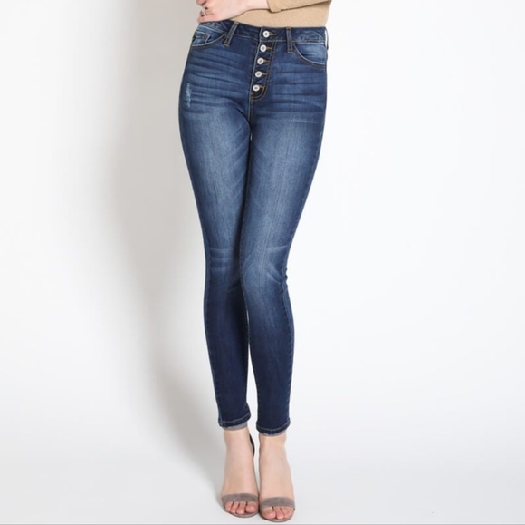 KanCan Women's 24 High Rise Button Fly Distressed Super Skinny Jean Dark Wash - Picture 10 of 10